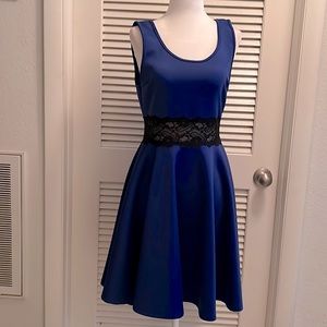 Velvet Room Blue Sheer Black Lace Waist Fit & Flare Dress size M